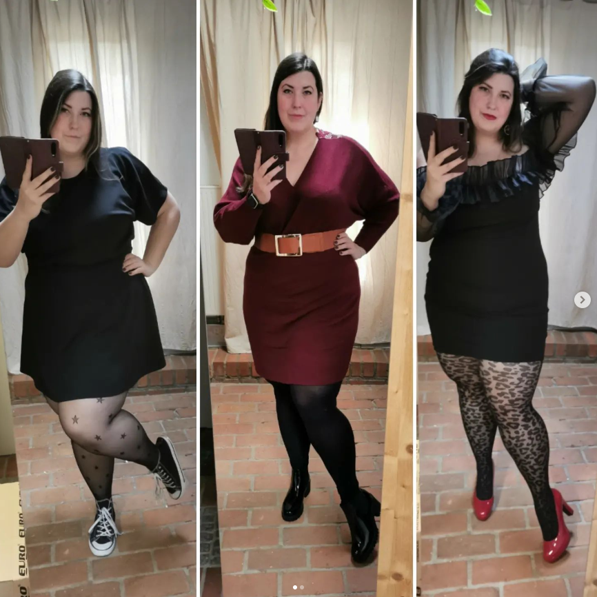 Verschiene Outfits mit Kleidern und schönen Strumpfhosen in großen Größen an curvy Model.