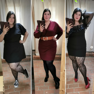 Verschiene Outfits mit Kleidern und schönen Strumpfhosen in großen Größen an curvy Model.