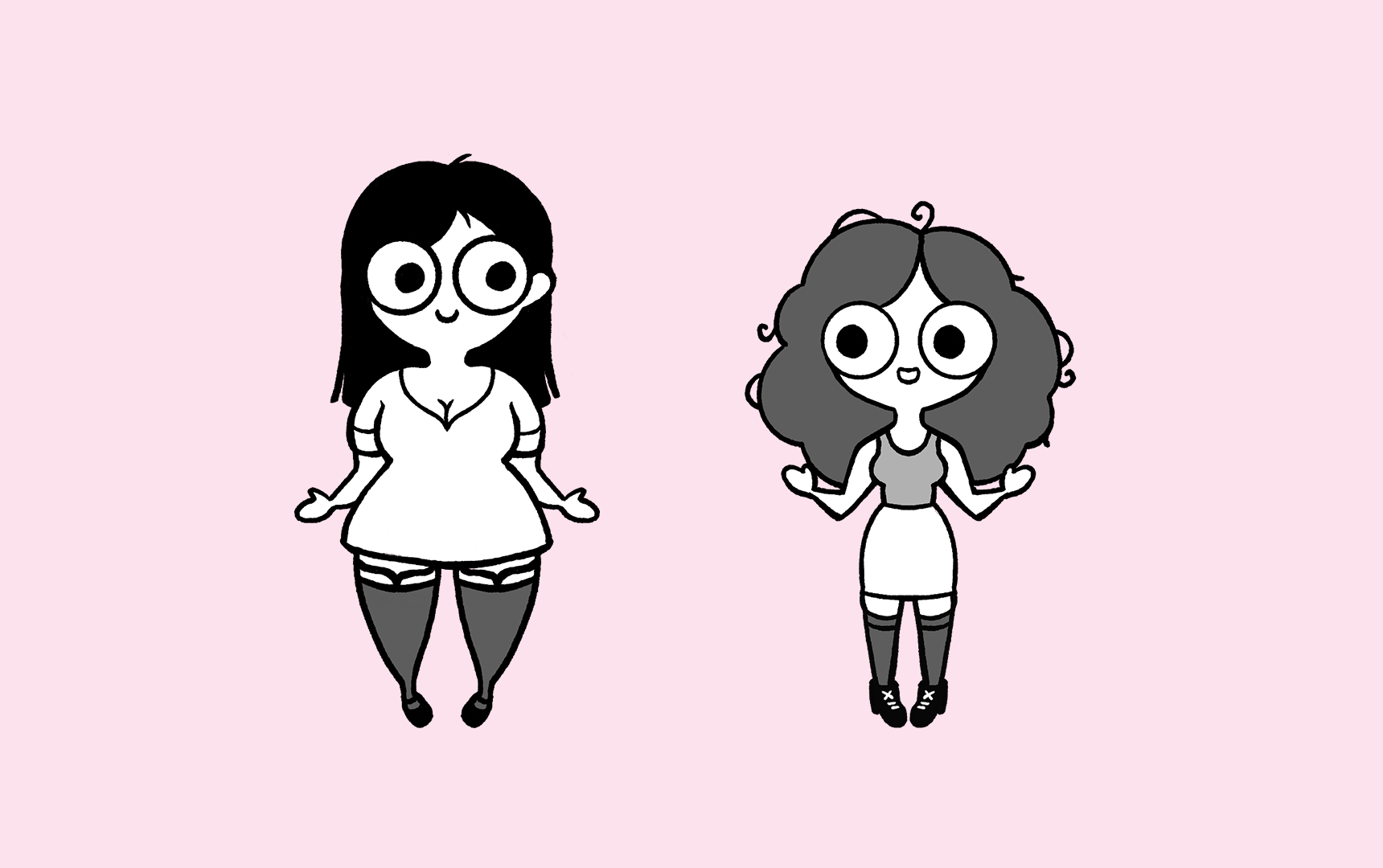 Anne und Virginia als Comicfiguren, gezeichnet von Miamouz. Annes Figur trägt Making Waves Strumpfhosen und Virginias Figur trägt Defiance Overknee Strümpfe. Die Figuren sind schwarz-weiß, der Hintergrund ist zartrosa. 