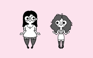 Anne und Virginia als Comicfiguren, gezeichnet von Miamouz. Annes Figur trägt Making Waves Strumpfhosen und Virginias Figur trägt Defiance Overknee Strümpfe. Die Figuren sind schwarz-weiß, der Hintergrund ist zartrosa. 