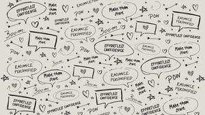 Das Muster zeigt gekritzelte Sprechblasen und Symbole. Zu lesen sind die Sprüche "Effortless confidence", "Make them stare" und "Radiance personified".